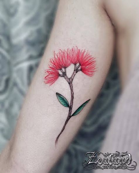 Lehua Flower Tattoo, Ohia Lehua Tattoo, Lehua Tattoo, Pohutukawa Tattoo, Ohia Lehua, New Zealand Tattoo, Tree Tattoos, Botanical Tattoo, Tree Tattoo