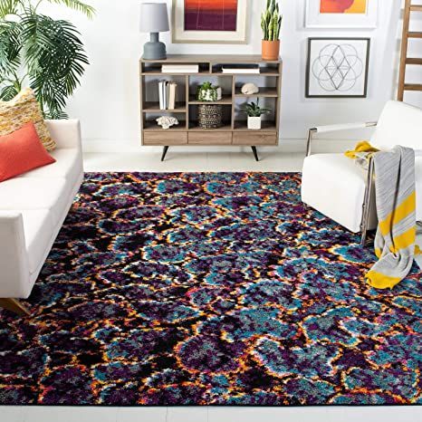 SAFAVIEH Fiesta Shag Collection FSG371K Modern Non-Shedding Living Room Bedroom Dining Room Entryway Kids Area Rug, 6'7" x 9'2", Turquoise / Multi Casual Family Rooms, Modern Family Rooms, Pacific Homes, Kids Area Rugs, Turquoise Rug, Shag Rugs, Maximalist Decor, Colorful Rug, Rug 8x10