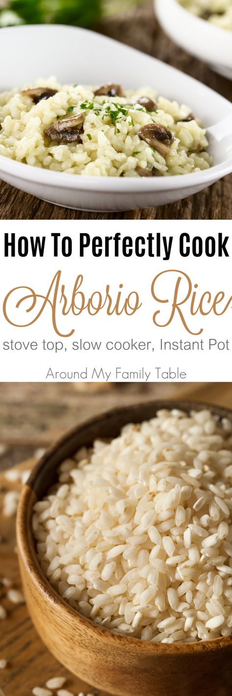 This How to Cook Arborio Rice guide features instructions on using a slow cooker, Instant Pot, and stovetop for cooking arborio rice, plus there are a few delicious recipes to try as well. Rice In Slow Cooker, Risotto Dishes, Rice On The Stove, Pinterest Food, Arborio Rice, Chicken Breast Recipes Healthy, Risotto Recipes, Crockpot Recipes Slow Cooker, Instapot Recipes