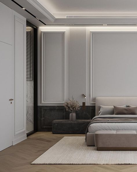 Neo Classic Master Bedrooms Decor, Neoclassical Bedroom Luxury, Simple Classic Bedroom, Neo Classical Interiors Bedroom, Classical Bedroom Design, Bedroom New Classic, French Modern Bedroom, Luxurious Bedrooms Master Romantic, Neoclassic Bedroom Design