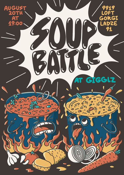 Retro character, vintage characters, retro poster, event poster, soup illustration, illustrated poster, funny poster, cartoonish art, doodle art, fun art, soup art, cooking art Soup Graphic Design, Soup Poster Design, Bar Event Poster, Art Show Poster Design, Soup Poster, Soup Illustration, Cartoonish Art, Soup Art, Soup Party