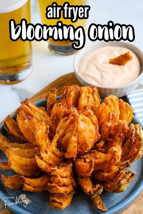 This air fryer blooming onion looks difficult to make, but it really isn't. Once you learn how to cut the onion you can make this fun appetizer and amaze your family and friends! Make this restaurant quality appetizer at home. Air Fryer Blooming Onion, Blooming Onion Recipes, Air Fryer Recipes Appetizers, Air Fryer Recipes Snacks, Blooming Onion, Air Fryer Cooking Times, Watching Football, Air Fried Food, Air Fryer Oven Recipes