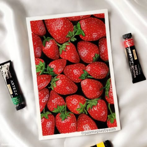 Our "berry" favorite thing to paint is food! Then when we get done we get to have a snack. 🍓 Next time you're looking for something that inspires you, think of your favorite summertime snack, and paint that. Just don't forget to have some on hand for when you get hungry. 😉 Made with: Arteza Premium Gouache Paints Art by: @tatjanka1 Gouache Food, Thing To Paint, Strawberry Art, Gouache Color, Gouache Paints, Painting Reference, Gouache Paint, Storybook Art, Paint Inspiration