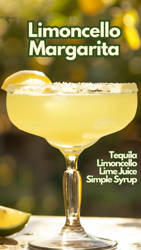 Combining the zesty flavor of limoncello with the traditional margarita flavors, this drink is a fun take on the classic margarita. For those who want to try something novel and revitalizing, it’s ideal. It’s a guest favorite because of the bright kick that the combination of lemon and lime provides. #limoncellomargarita via @mybartender Limoncello Margarita Recipe, Yellow Drinks Alcohol, Lemoncello Recipes, Limoncello Margarita, Yellow Margarita, Yellow Cocktails, Yellow Drinks, Margarita Flavors, Limoncello Drinks