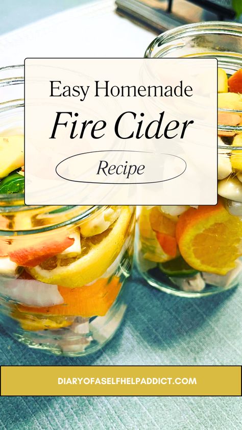 easy homemade fire cider recipe Diy Fire Cider Recipe, Easy Fire Cider Recipe, Homemade Fire Cider Recipe, Fire Cider Recipes, Fire Cider Recipe How To Make, Homemade Elixir, Homemade Tinctures, Fire Cider Benefits, Recipe Diary