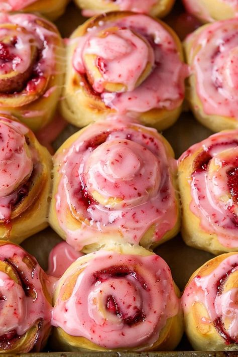 Strawberry Cinnamon Rolls - Insanely Good Strawberry Cream Cinnamon Rolls, Strawberry And Cream Cinnamon Rolls, Strawberry Winter Rolls, Strawberry Shortcake Cinnamon Rolls, Pink Velvet Cinnamon Rolls, Strawberry Bagels Recipe, Strawberry Bagels, Finger Dessert, Strawberry Rolls