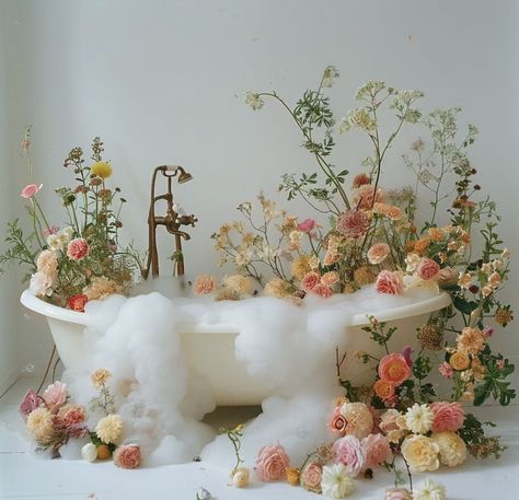 Bathtub Photoshoot Aesthetic, Bathtub Flowers, Flowers Installation, Flower Exhibition, Balloon Decorations Diy Tutorials, Flower Shop Design, Beautiful Photoshoot Ideas, Flower Installation, Floating Flowers