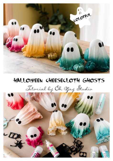 Colorful Halloween Cheesecloth Ghosts DIY Tutorial | Fabric Art DIY Cheesecloth Ghost Diy, Fabric Ghost, Pumpkin Candy Holder, Fabric Art Diy, Cheesecloth Ghost, Colorful Halloween, Ghost Diy, Fabric Sewing Patterns, Sewing Tutorials Free