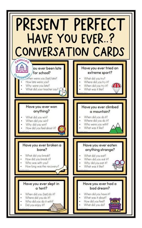 Conversation Cards for Present Perfect - Have you ever.? Engage in lively discussions and improve your English skills with these interactive cards. #EnglishLanguage #EssayHelp Present Perfect Simple, Sports Classroom, Have You Ever Questions, Simple Past, Class Activity, English Skills, School Essay, School Creative, Conversation Cards