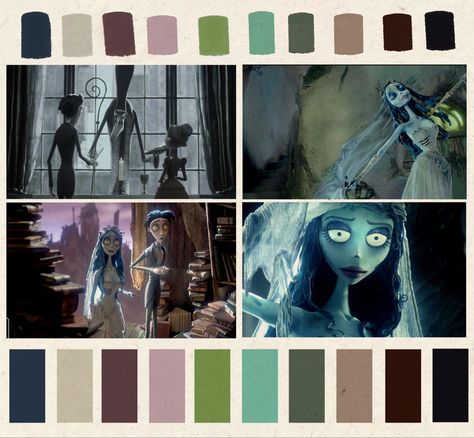 Cool vibrant dark color palette for the Tim Burton movie Corpse Bride johnny depp timburton zombie goth cinematography color colour colorpallete The Corpse Bride Color Palette, Tim Burton Color Scheme, Corpse Bride Colors, Corpse Bride Color Scheme, Tim Burton Colour Palette, Tim Burton Moodboard, Halloween Colour Scheme, Corpse Bride Color Palette, Tim Burton Color Palette