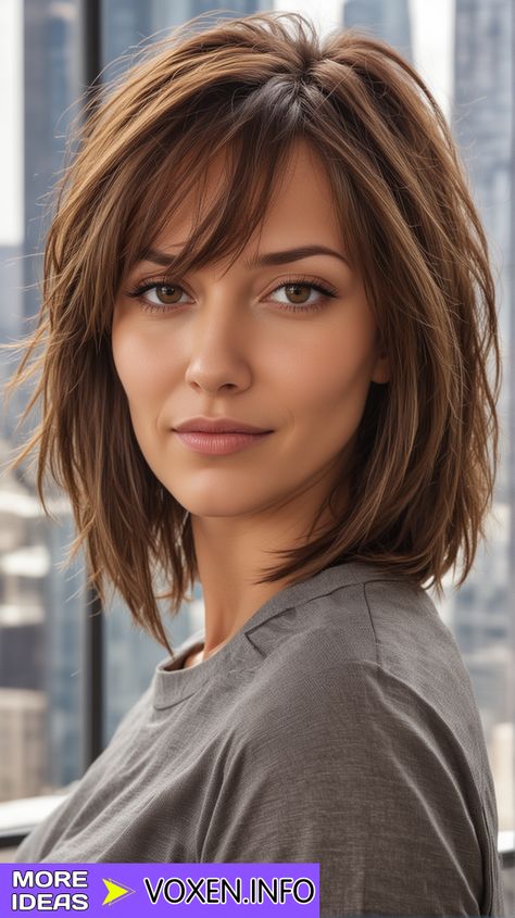 Layered Short Hair With Side Bangs, Face Frame Side Part, Hair With Face Framing, Below Chin Length Hair With Layers, Oval Face Hair Styles Women, Layered Bob Hairstyles Curly Hair, Medium Short Hairstyle Women Round Face Layers, Short Hair With Swoop Bangs, Short Round Face Hairstyles