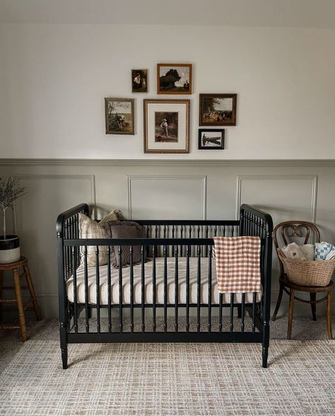 16+ Unique Vintage Baby Nursery Ideas [That'll Steal Your Heart] - The Greenspring Home Board And Batten Nursery Boy, Moody Baby Boy Nursery, Bead Board Nursery Boy, Boy Nursery Accent Wall, Thrifted Nursery, Vintage Boy Nursery, Vintage Baby Boy Nursery, Vintage Nursery Boy, Black Crib