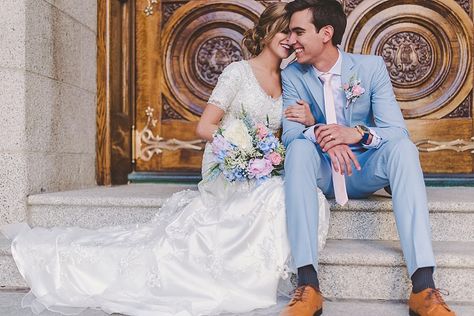 First Look Ideas | Powder Blue Groom's Tux | Salt Lake Wedding Photographer | SLC TEMPLE | KAP by Rachel Powder Blue Tuxedo, Light Blue Prom Suits, Blue Tux Wedding, Light Blue Tux, Blue Prom Suit, First Look Ideas, Slc Temple, Pastel Blue Wedding