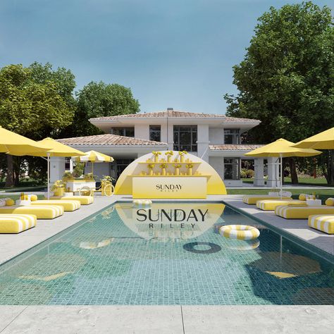 Poolside render #yellow #skincare Branded Pool Party, Yellow Pool Party, Pool Branding, Luxury Pool Party, Yellow Skincare, Pool Events, Pool Club, Wedding Pool Party, Corporate Event Design