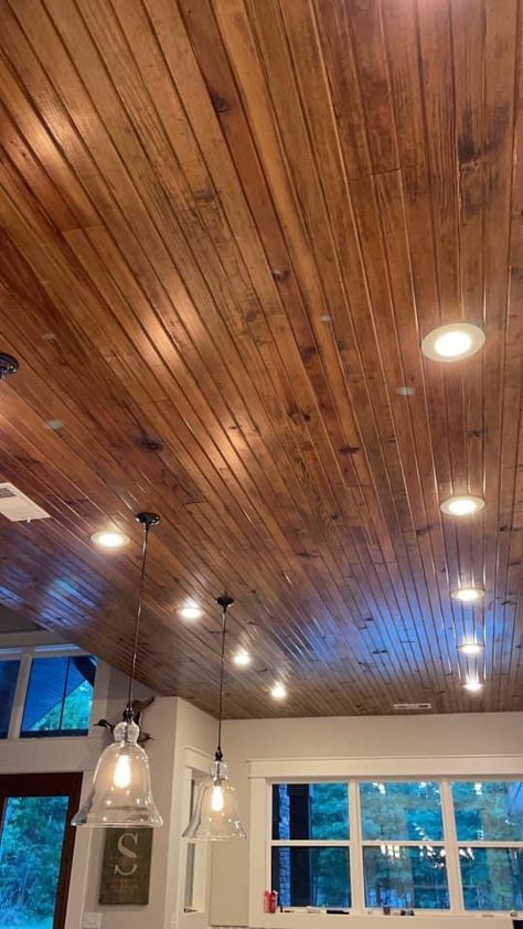 Shiplap Kitchen Ceiling, Kitchen Ceiling Ideas, Kitchen Renos, Shiplap Kitchen, Tongue And Groove Walls, Cedar Paneling, Angled Ceiling, Shiplap Ceiling, Plank Ceiling