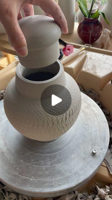 Sum Function on Instagram: "A full video of trimming a closed form lidded jar and adding texture. This one was a fun one - I think keeping the neck thick (where the flange will be) helped a lot compared previous lidded jars.  #closedform #closedformliddedjar #liddedjar #jar #wheelthrown #wheelthrowing #ceramics #pottery #potter #artist #art #texture #video #fittinglid #functionalpottery #forfun #wip #play #process" Ceramic Jars With Lids, Lidded Jars Pottery, Lidded Pottery, Pottery Canister Sets, Texture Video, Wheel Pottery, Jar Jewelry, Pottery Projects, Pottery Inspo