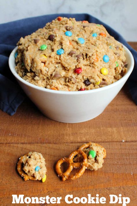 This fun dip is like eating monster cookie dough, and we know the dough is the best part! There is no raw eggs or flour to worry about, so dig in!  This dip is great served with pretzels, animal crackers, graham crackers, apples slices and more. It is fun for parties or would make a super fun treat with a small container in a lunch box. You'll be the world's best parent! Monster Cookie Dough Dip, Cookie Dip, Monster Cookie Dough, Cookie Dough To Eat, Cookie Dough Dip, Monster Cookie, Cookie Dough Ice Cream, Cookie Dough Bites, Sweet Dips