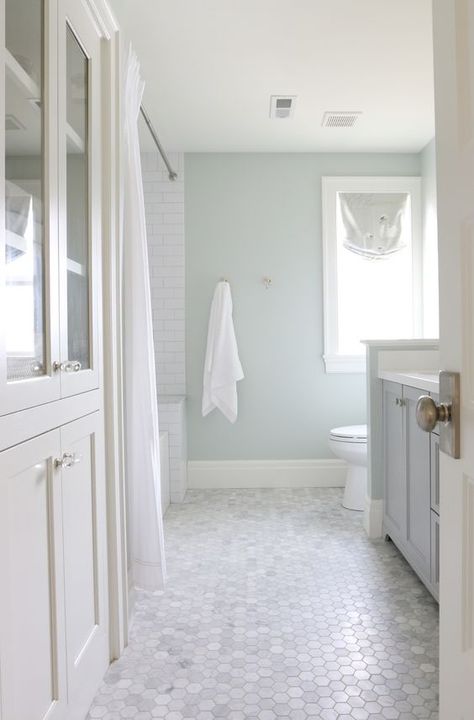 Sea Salt Sherwin Williams, Hexagon Tile Floor, Bad Inspiration, Stunning Bathrooms, Bathroom Tile Designs, White Subway Tile, Trendy Bathroom, Tile Flooring, Bathroom Floor Tiles