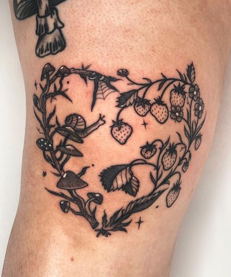 Around The Knee Mushroom Tattoo, Mushroom And Strawberry Art, Mushroom Head Woman Tattoo, Strawberry And Bee Tattoo, Heart On Knee Tattoo, Matching Strawberry Tattoo, Mushroom Heart Tattoo, Thigh Heart Tattoo, Strawberry Moon Tattoo