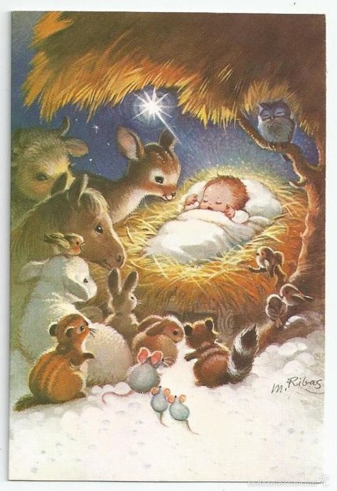 동화 삽화, Christmas Scenery, Vintage Christmas Images, Christmas Jesus, Vintage Deer, Christmas Nativity Scene, Illustration Vintage, Christmas Drawing, Christmas Scenes