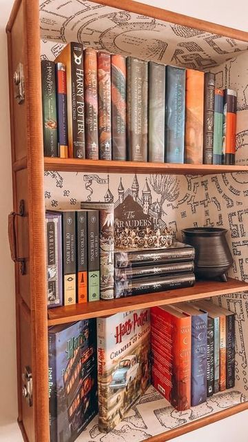 Tbr Shelf Ideas, Bedroom Bookcase Ideas Aesthetic, Harry Potter Aesthetic Living Room, Harry Potter Book Display, Harry Potter Bookshelf Ideas, Book Worm Bedroom Aesthetic, Bookish Living Room, Harry Potter Home Library, Harry Potter Book Shelf Ideas