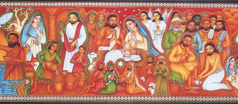 For the first time ever, Sasi K Warier, a leading Kerala Mural artist, has done a large canvas painting on a Christian theme By Shevlin Se... Christian Mural, Kerala Mural Art, Gold Frankincense And Myrrh, Paintings Of Christ, Long Eyebrows, Mural Paintings, Contemporary Folk Art, Jesus Christ Painting, Painting Styles