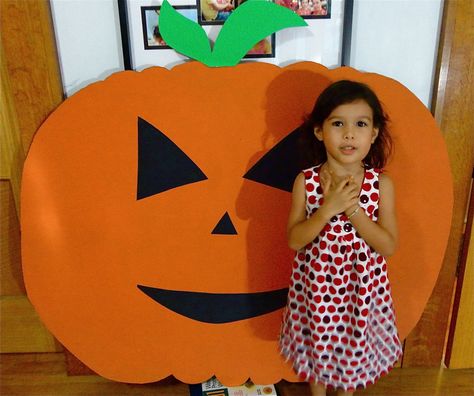 i made this giant cardboard pumpkin  ( we trace, cut, paint and glueing) Cardboard Pumpkin, Paint, Halloween, Quick Saves