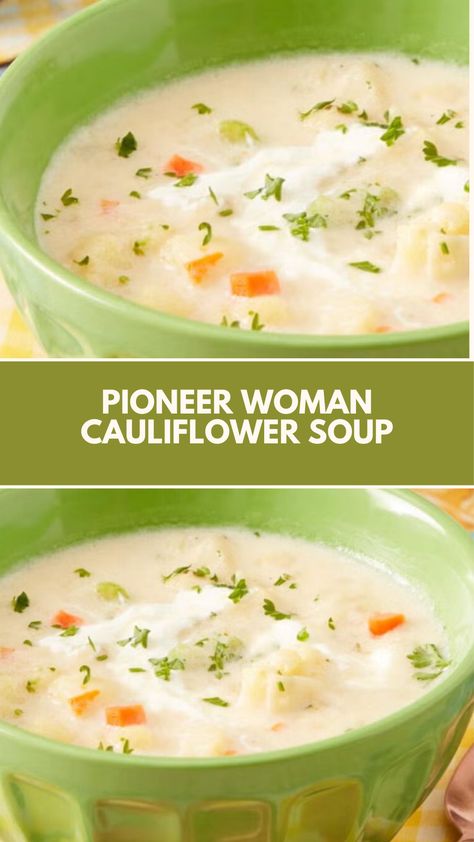 This easy Pioneer Woman Cauliflower Soup is a warm, creamy, and comforting meal that’s perfect for chilly days. Made with simple ingredients like cauliflower, milk, and broth, it’s a quick and nutritious soup anyone can make. Customize with fresh veggies or a dollop of sour cream for extra flavor and texture! Cauliflower Soup Pioneer Woman, Soups Using Cauliflower, Taste Of Home Christmas Eve Cauliflower Soup, Pioneer Woman Cauliflower Soup, Cream Cauliflower Soup, Califlour Soup Recipes, Easy Cream Soup Recipes, Cauliflower Vegetable Soup, Coliflower Recipes Soup