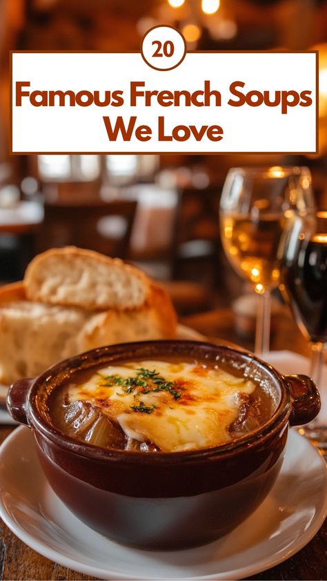 A bowl of rich French onion soup topped with melted cheese, alongside a creamy bisque in a rustic French kitchen setting. Belgian Soup Recipes, French Recipes Authentic Dinner, Soup Recipes From Around The World, Peasant Soup Recipe, French Soup Recipes, French Soups, Authentic French Recipes, French Recipes Dinner, French Lentil Soup