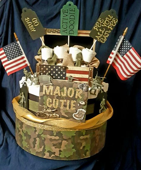 Military Diaper Cake #QuerasDiaperCreations Army Gender Reveal Ideas, Military Gender Reveal Ideas, Usmc Baby, Camouflage Baby Shower, November Baby Shower, Work Baby Showers, Baby Trends, Army Theme, Baby Shower Camo