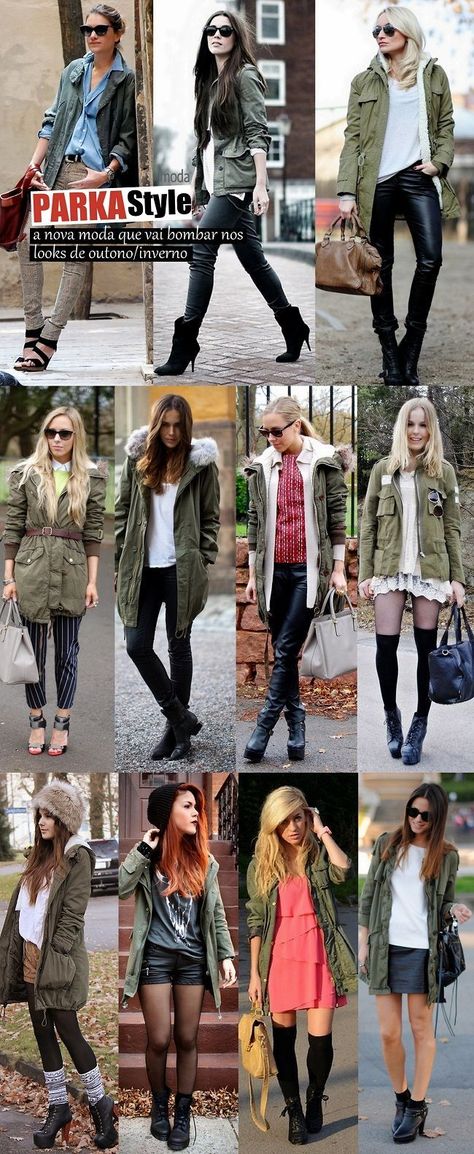 452bf208bf901322968557227b8f6efedesc52914301ri Parka Outfits, Green Parka Outfit, Parka Outfit, Parka Style, Wear Green, Green Jacket, Outfits Casuales, Moda Fashion, Jacket Outfits