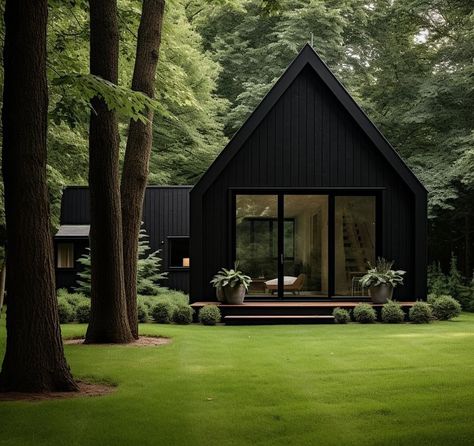 Black House In The Forest, Norwegian House Exterior Traditional, Landscaping Black House, Modern Swedish House, Black Interior Home, Black Wood House, Forest House Aesthetic, Nordic House Interior, Black Log Cabin