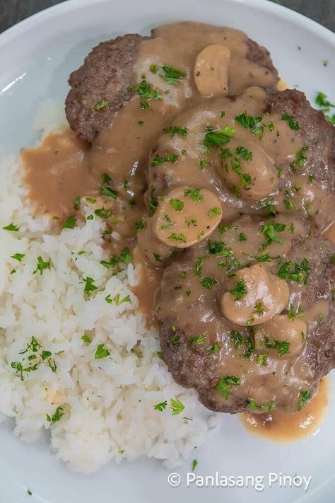 Burger Steak Recipe Jollibee Recipe, Burger Steak Recipe, Steak Gravy Recipe, Eggplant Burger, Steak Gravy, Burger Patty Recipe, Burger Steak, Salisbury Steak Recipes, Popular Side Dishes