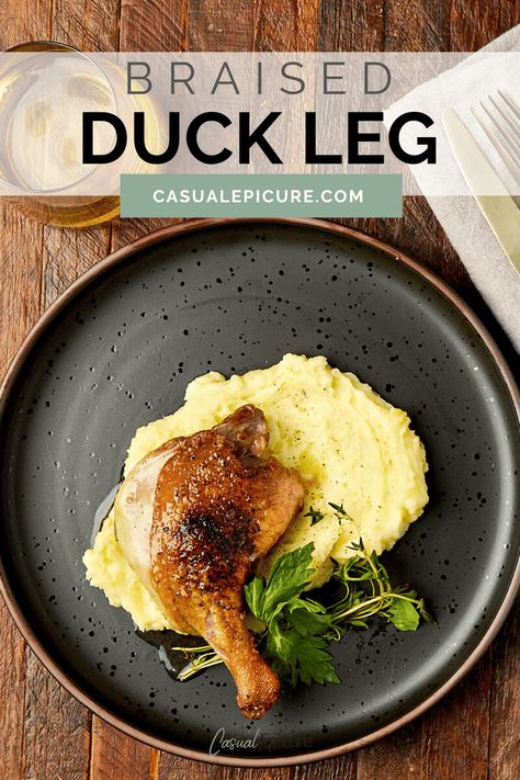 Think duck is too tricky to cook at home? This foolproof Braised Duck Leg recipe will change your mind. With just a few basic ingredients and mostly hands-off cooking, you'll end up with restaurant-quality results at a fraction of the cost. Your guests will think you spent hours in the kitchen, but the oven does most of the work. Braised Duck Leg, Duck Maryland Recipes, Easy Duck Recipes Ovens, Duck Recipes Breast, Baked Duck Recipes, Duck Leg Recipes, Duck Fat Fries, Braised Duck, Duck Recipe