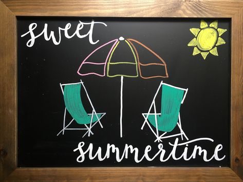 Summer Whiteboard Ideas, Pool Chalkboard Art, Summer Whiteboard Art, Summer Chalkboard Art Ideas, Summer White Board Ideas, Summer Chalk Drawings, May Chalkboard Ideas, Chalkboard Art Summer, June Chalkboard Art