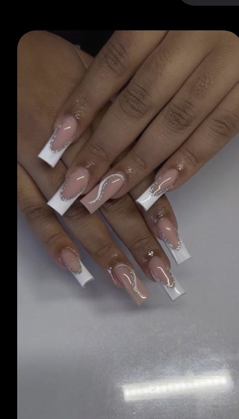 Deep French Tip Nails With Diamonds, White Nail Ideas Medium Length, White Sparkle French Tip Nails Coffin, French Tip Acrylic Nails With Silver, French Tip Glam Nails, Creative White French Tip Nails, Cute White Nails For Graduation, White Nails With Designs French Tip, Nail Inspo White French Tip With Design