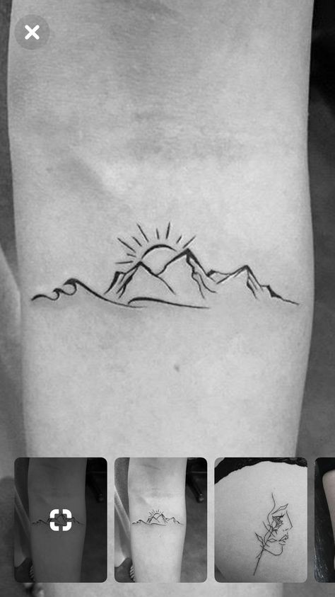 Sunset Tattoo Mountain, Bc Tattoo Ideas, Music Nature Tattoo, Hawaii Mountain Tattoo, Sunrise Over Mountains Tattoo, Dainty Mountain Tattoos For Women, Mountain Beach Tattoo, Mountain Sunrise Tattoo, Waves And Mountains Tattoo