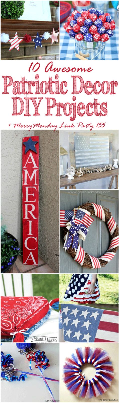 Do you have party plans for Memorial Day weekend? Get the most bang for your buck with 10 awesome patriotic décor DIY projects to get your home party-ready. Patriotic Decorations Diy, Patriotic Diy, 4th Of July Crafts, 4th Of July Ideas, Fourth Of July Decor, Patriotic Crafts, July Ideas, July Decor, 4th Of July Celebration