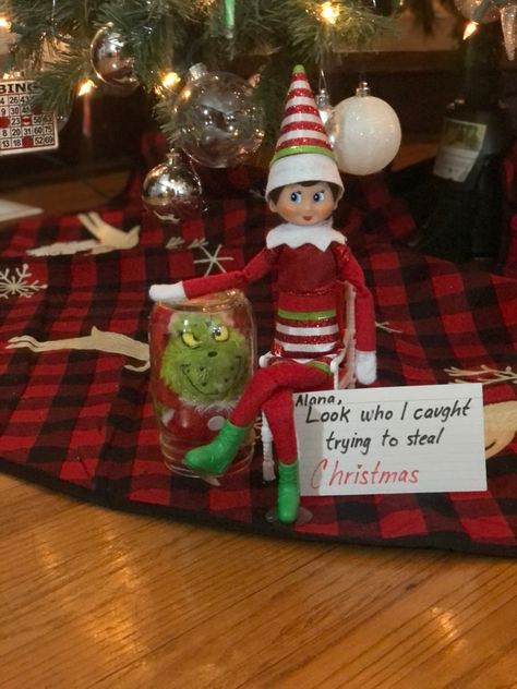 The Grinch And Elf On The Shelf, Grinch Themed Elf On The Shelf, Elf Shelf Grinch, Elf And The Grinch, Elf Vs Grinch Ideas, Grinch Vs Elf On The Shelf, Elf And Grinch On The Shelf Ideas, Elf On The Shelf With Grinch Ideas, Grinch Elf Ideas