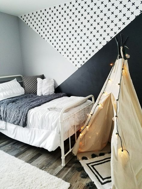 Monochrome Stenciled Walls – Gray Lane Monochrome Kids Room, Stenciled Walls, Best Bedroom Paint Colors, Monochrome Bedroom, Stencil Paint, Big Boy Bedrooms, Monochrome Wall, Bedroom Wall Designs, Bedroom Murals