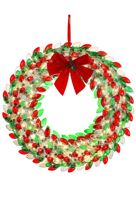 This festive Christmas wreath is made entirely of nostalgic large red, green, and clear C9 bulb shapes that are all backlit by 150 warm white micro LEDs. Bulb Wreath, Decorated Wreaths, Mr Christmas, Warm White Led Lights, Vintage Family, Mele Kalikimaka, Vintage Bulb, Twinkling Lights, Christmas Tree Shop