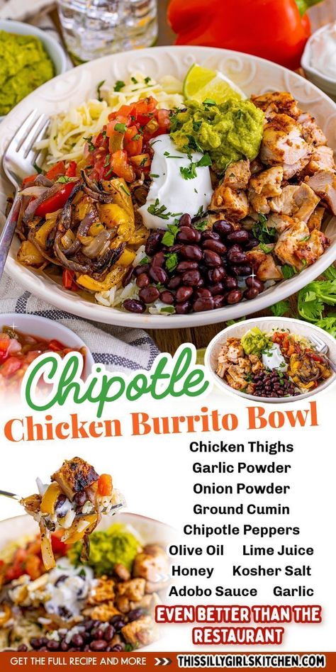 If you adore the Chipotle chicken burrito bowl, you've got to give this copycat recipe a go! From This Silly Girl's Kitchen, it's bursting with vibrant colors and fresh, zesty flavors. This homemade version is not only nutritious and filling but also much more budget-friendly. With flavorful chicken, cilantro lime rice, and all the fixings, it's a delicious and satisfying meal to enjoy in the comfort of your own kitchen! Copycat Chipotle Bowl, Chipotle Chicken Burrito Bowl, Chicken Cilantro Lime, Chicken Burrito Bowl Recipe, Chipotle Chicken Burrito, Chipotle Chicken Bowl, Chipotle Copycat Recipes, Chicken Cilantro, Burrito Bowl Recipe