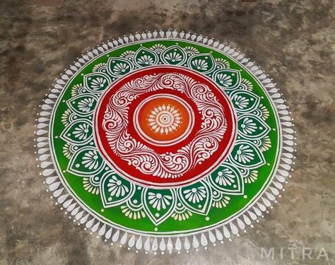 Alpana Designs Colourful, Colourful Alpona Design Bengali, Alpona Colourful, Bengali Rangoli Design, Alpona Design Colourful, Oil Paint Rangoli Designs On Floor, Colourful Alpona, Rangoli With Paint, Round Alpona Design Bengali