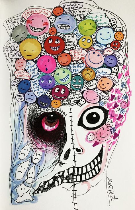 "Mixed Emotions" by Ray Dust. A detailed pen and ink sketch of a skull girl with mixed emotions and words running around in her brain. Prints are available on many products in my Redbubble shop. Smile with me, stop and smell the roses, ok, happy, sad along with many other words and sayings! Emotional art, self help. Stop And Smell The Roses, Social Media Drawings, Brain Art, Smell The Roses, Mixed Emotions, A Skull, Ink Sketch, Group Activities, Heart Art