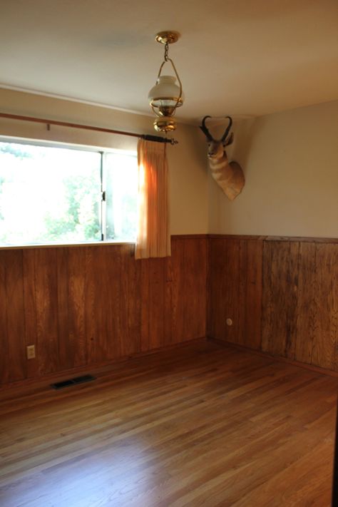 Welcome to My Massive Mid-Century Modern Renovation Cedar Wainscoting, Half Wall Wood Paneling, Half Wall Wood Paneling Makeover, Half Wood Wall, Wood Half Wall, Half Wood Panel Walls, Mid Century Wood Paneling, Paneling Remodel, Wood Paneling Makeover