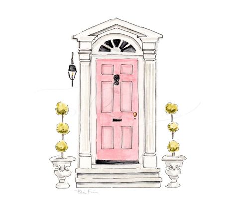 Front Door Illustration, Door Illustration, Watermark Pictures, Pink Front Door, Door Art, Building Illustration, Preppy Southern, Pink Door, House Illustration