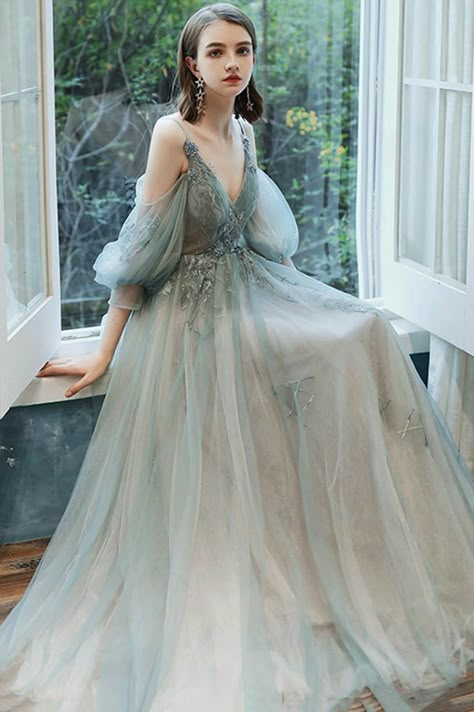 Tule Bridesmaids Dresses, Forest Dress Aesthetic, Medieval Prom Dress, Fairycore Prom Dress, Fantasy Prom Dress, Ethereal Prom Dress, Handfasting Dress, Blue Flowy Dress, Ethereal Dresses