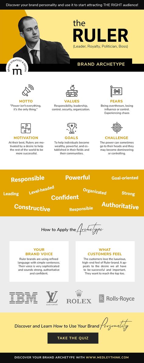 The Ruler // Brand Archetype. The Ruler knows that the best thing to do to avoid chaos is to take the control. They tend to be dominant brands with a strong sense of stability, responsibility, and control. // Find your Brand Archetype now at medleythink.com/brand-archetypes #branding #brandstrategy #coach #infographic #entrepreneur #medleythink via @medleythink Royalty Brand Archetype, The Ruler Archetype Aesthetic, Ruler Brand Archetype Moodboard, Ruler Archetype Style, Ruler Archetype Moodboard, The Ruler Brand Archetype, Ruler Archetype Aesthetic, The Ruler Archetype, Ruler Brand Archetype