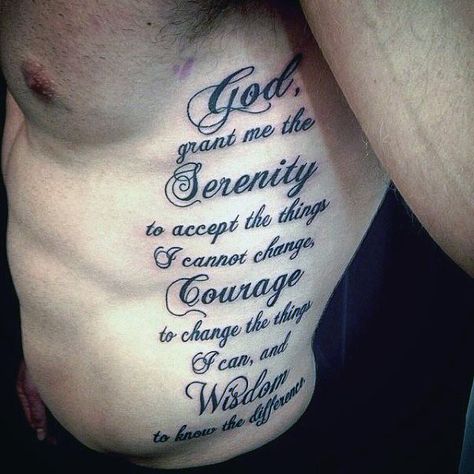 Guys Serenity Prayer Rib Cage Side Tattoo Deisgns Serenity Prayer Tattoo Design, Serenity Prayer Tattoo, Pray Tattoo, Serenity Tattoo, Prayer Tattoo, Ribs Tattoo, Abdomen Tattoo, Rib Tattoos For Guys, Tattoo Quotes For Men