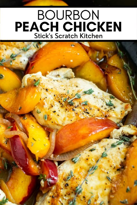 Bourbon peach chicken is a vibrant, colorful summer dish that pairs savory browned chicken with tart juicy peaches and a sweet bourbon pan sauce. This dish only requires one pan and a few simple ingredients, making cooking and clean up a cinch. And did we mention it comes together in just 30 minutes? Pair it with your favorite side salad, cooked grains, or pasta salad to round out this dish. #peachchicken #peachrecipes #chickenrecipes #chicken #healthychicken #easydinner #summerrecipes Chicken And Pears Recipes, Chicken With Peaches Recipes, Dinner With Peaches, Peach Chicken Recipes, Peach Bourbon Chicken, Chicken And Peaches Recipe, Peach Chicken Salad, Chicken And Peaches, Burbon Chicken